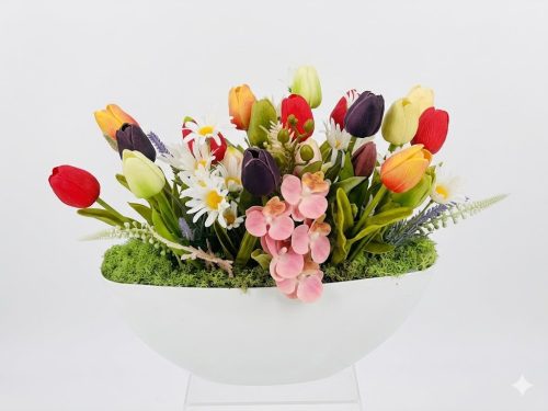 Orchideás és tulipános asztaldísz kaspóban – 35 cm | választható felirattal