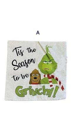  Karácsonyi Párnahuzat – Grincs Minta, Zsákvászon (45 × 45 cm)